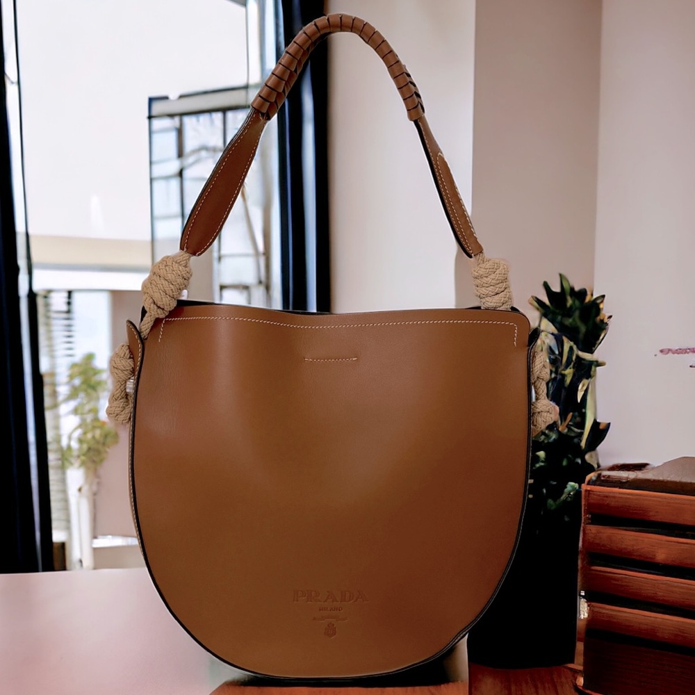 PRADA Leather Brown Shoulder Handbag with Braided Strap - Picture 2 of 14